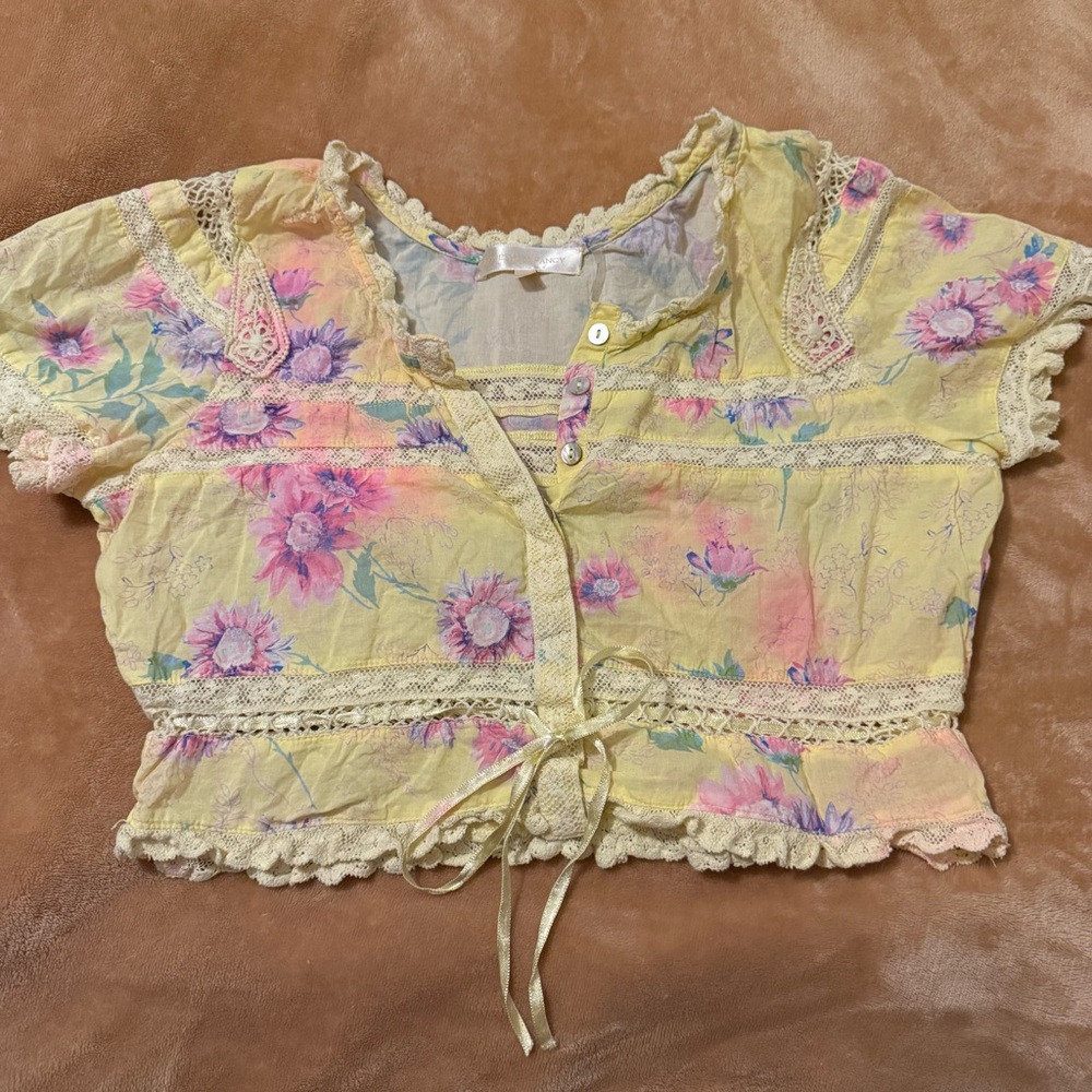 Yellow LOVESHACKFANCY Farley Floral Crop Top XS